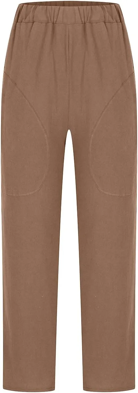 Cotton Linen Trouser for Women Casual Elastic Waist Pants Summer Loose Fit Beach Vacation with Big Pockets