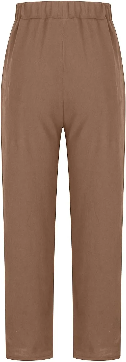 Cotton Linen Trouser for Women Casual Elastic Waist Pants Summer Loose Fit Beach Vacation with Big Pockets