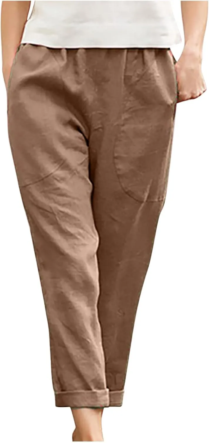 Cotton Linen Trouser for Women Casual Elastic Waist Pants Summer Loose Fit Beach Vacation with Big Pockets