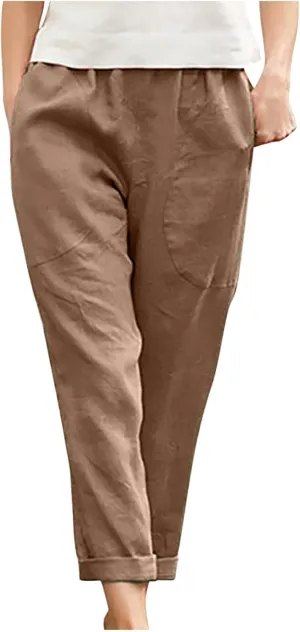 Cotton Linen Trouser for Women Casual Elastic Waist Pants Summer Loose Fit Beach Vacation with Big Pockets