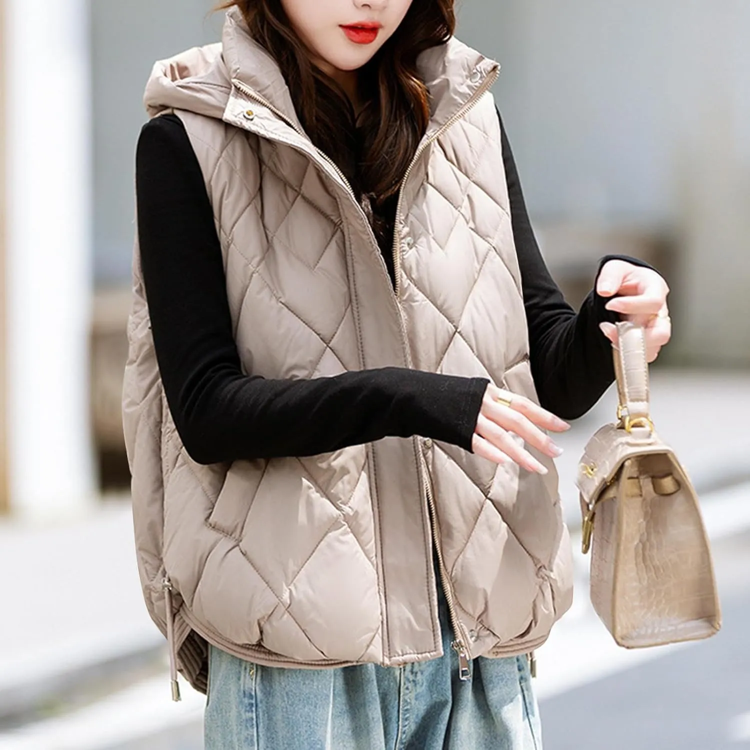 Cotton-Padded Gilet for Women Diamond Sleeveless Hooded Vest Lightweight Stand Collar Zip Up Open Thicken Waistcoat