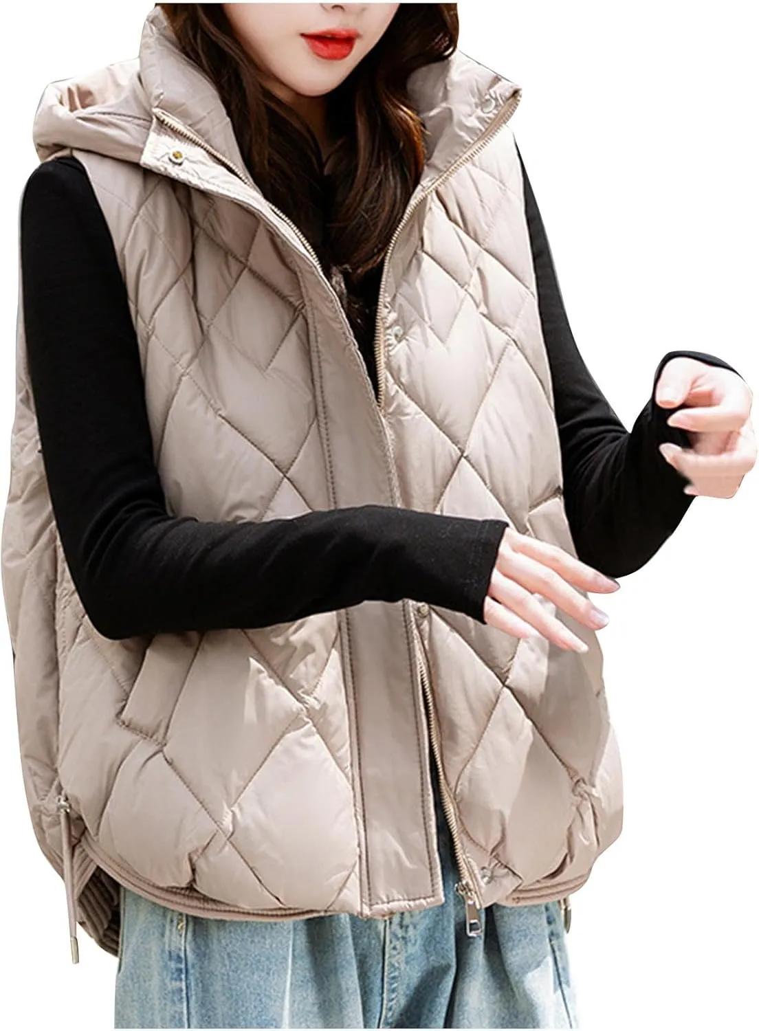 Cotton-Padded Gilet for Women Diamond Sleeveless Hooded Vest Lightweight Stand Collar Zip Up Open Thicken Waistcoat