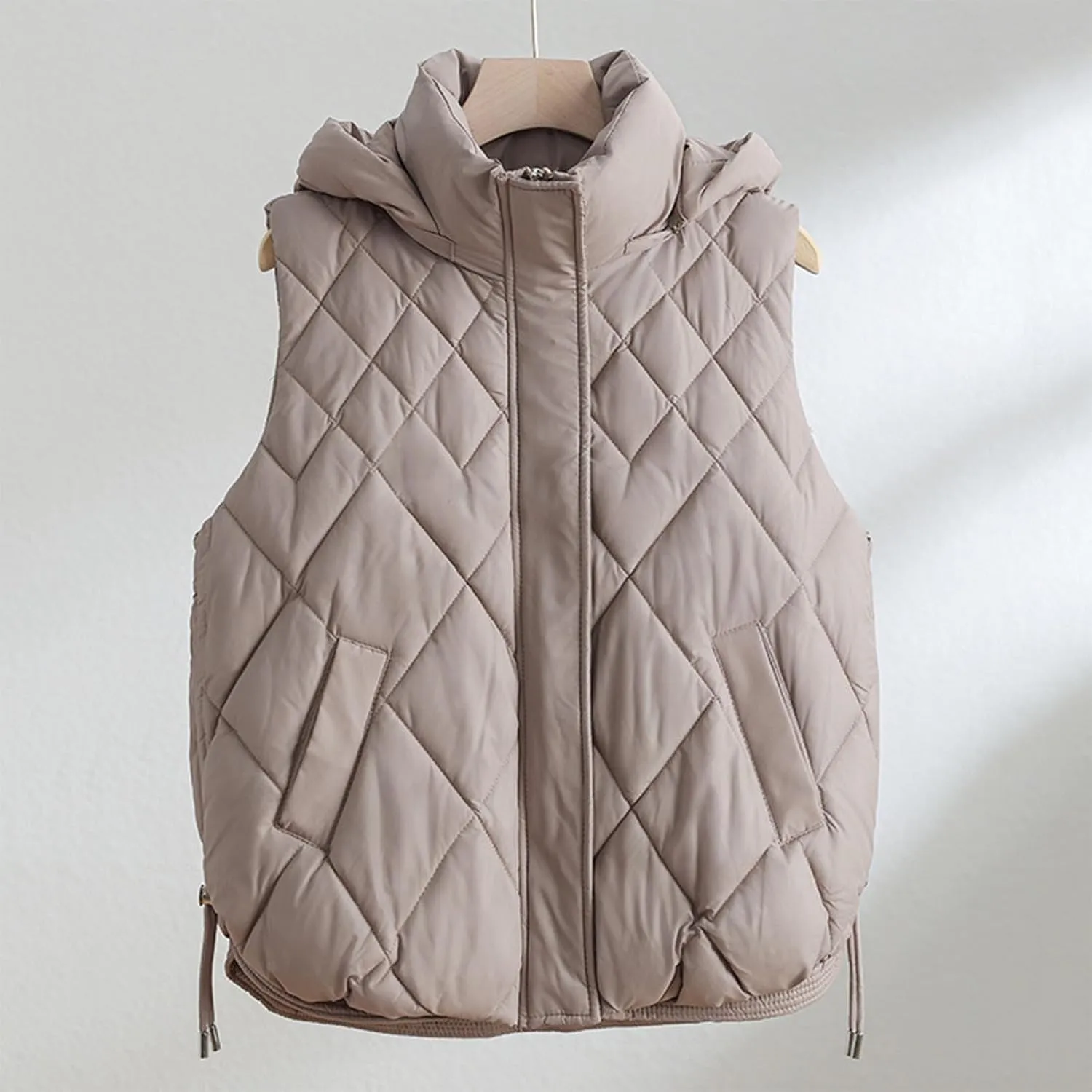 Cotton-Padded Gilet for Women Diamond Sleeveless Hooded Vest Lightweight Stand Collar Zip Up Open Thicken Waistcoat