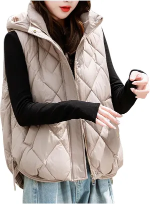 Cotton-Padded Gilet for Women Diamond Sleeveless Hooded Vest Lightweight Stand Collar Zip Up Open Thicken Waistcoat