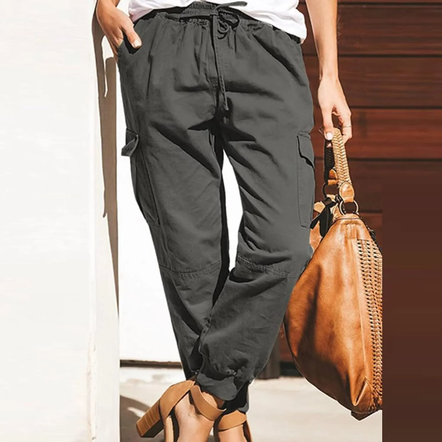 Cotton Womens Summer Cargo Pants Lightweight Casual Plus Size Drawstring Elastic Waist Loose Hiking Pocket Trousers
