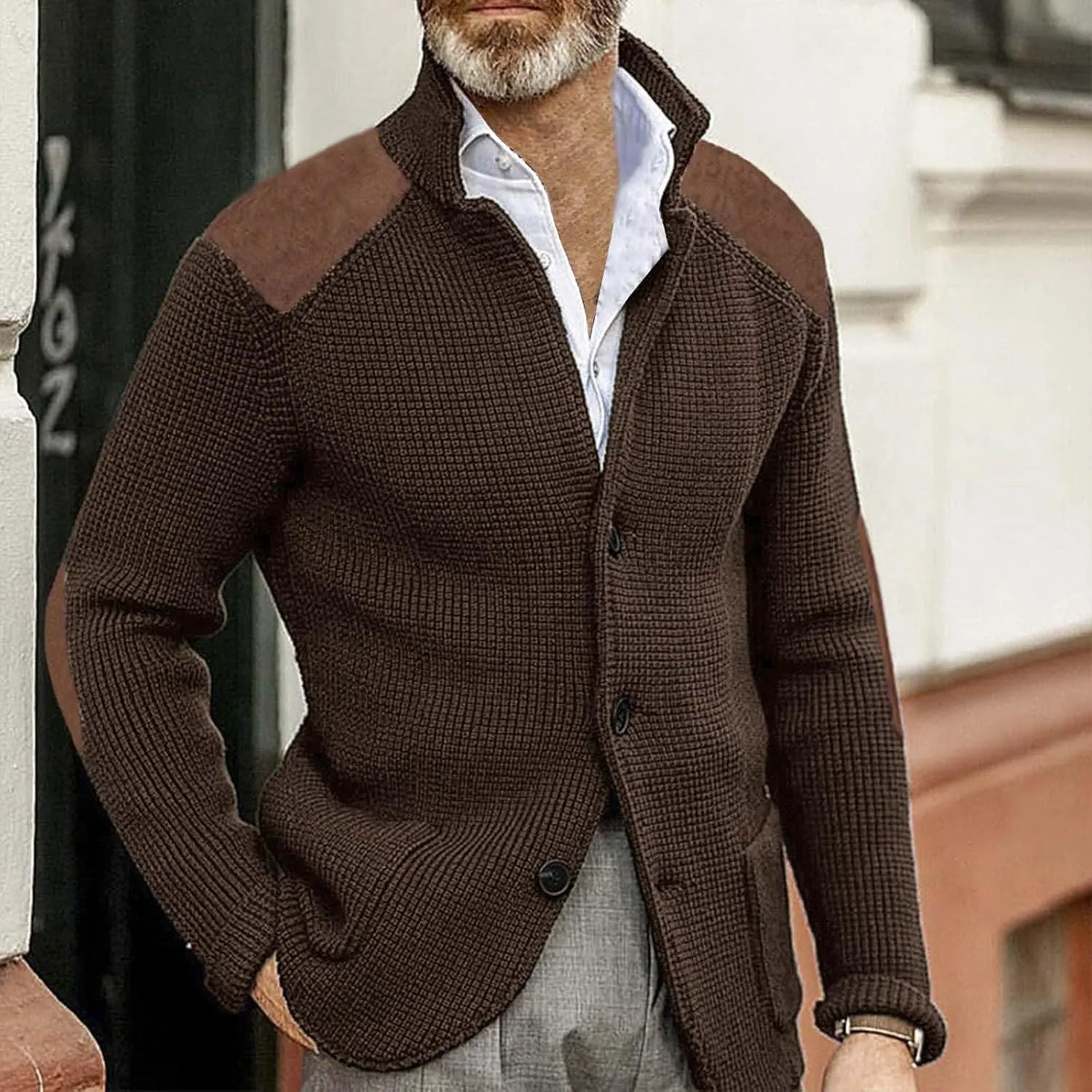CRNTCEM Mens Cardigan Sweater Shawl Collar Button Down Warm Knitted Sweaters Plus Size Elbow Patch Winter Chunky Cardigans