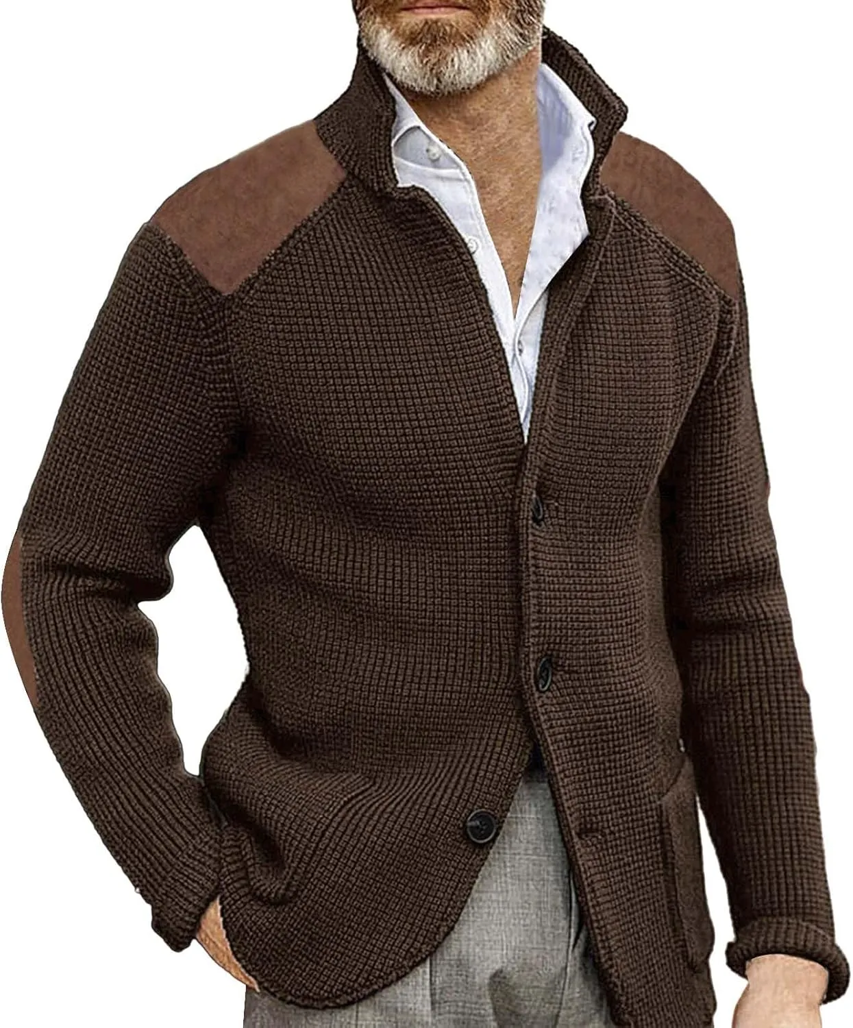CRNTCEM Mens Cardigan Sweater Shawl Collar Button Down Warm Knitted Sweaters Plus Size Elbow Patch Winter Chunky Cardigans
