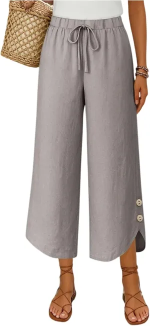 Cropped Linen Pants Women Cute Summer Comfy Loose Drawstring Elastic High Waisted Wide Leg Lounge Pants with Pockets