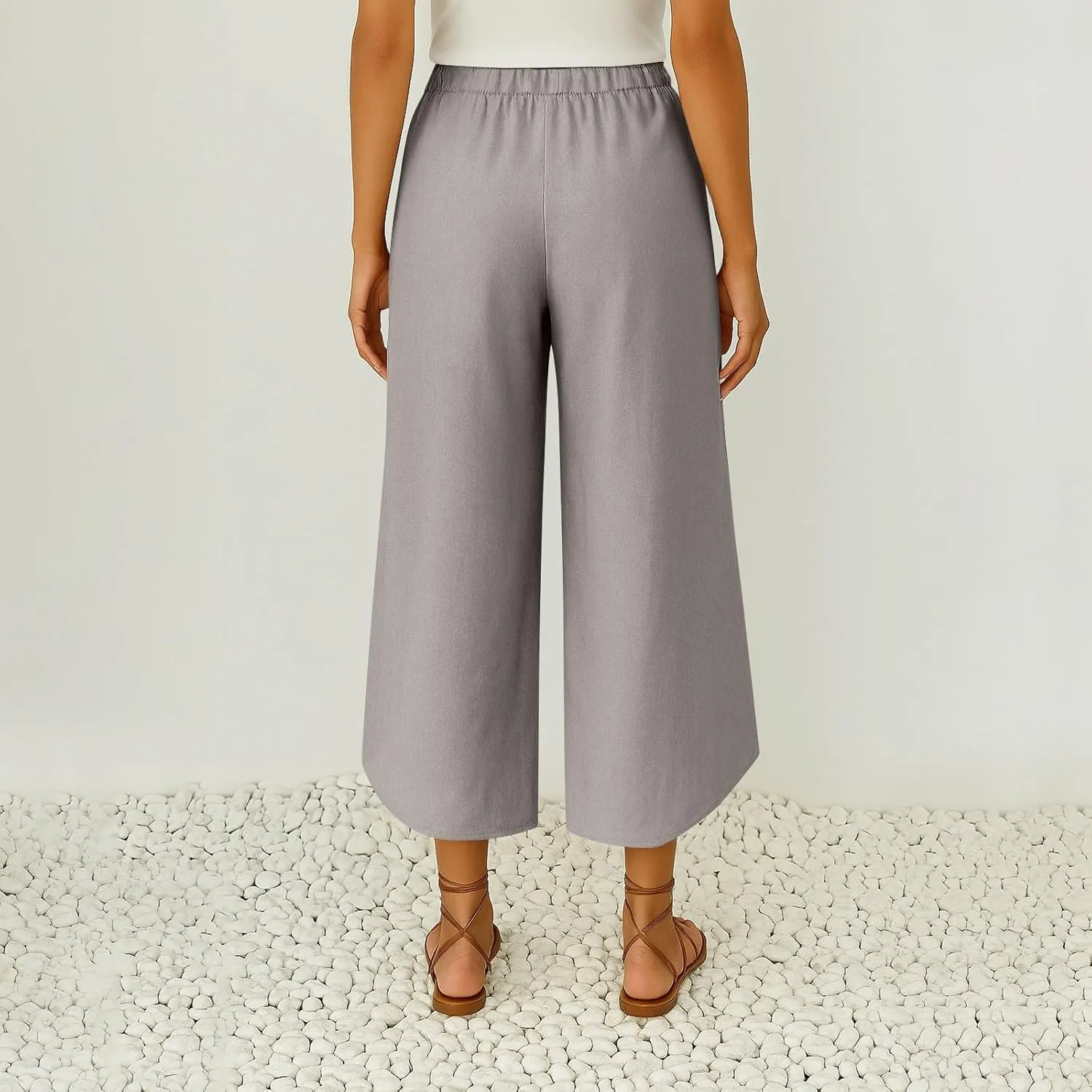 Cropped Linen Pants Women Cute Summer Comfy Loose Drawstring Elastic High Waisted Wide Leg Lounge Pants with Pockets