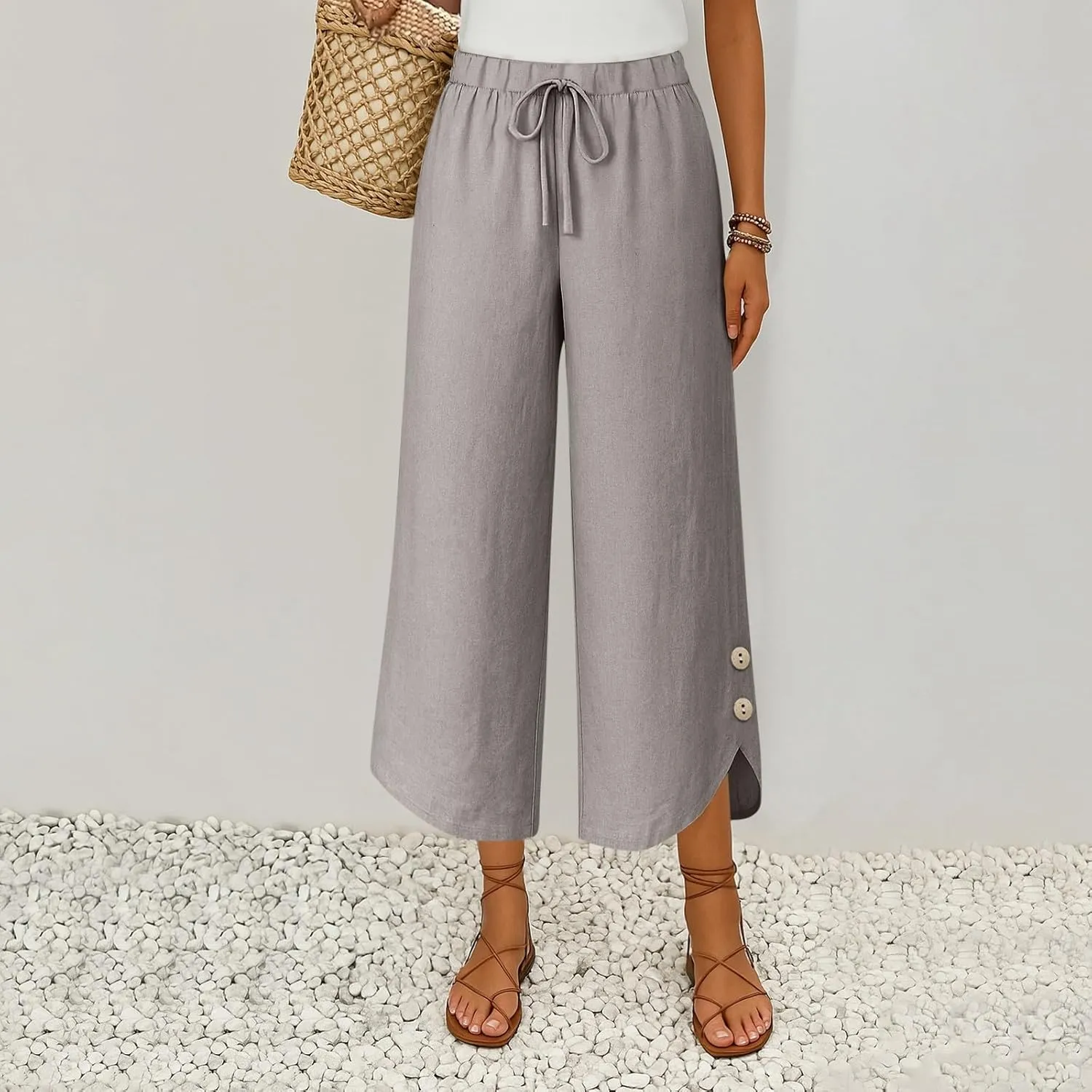 Cropped Linen Pants Women Cute Summer Comfy Loose Drawstring Elastic High Waisted Wide Leg Lounge Pants with Pockets