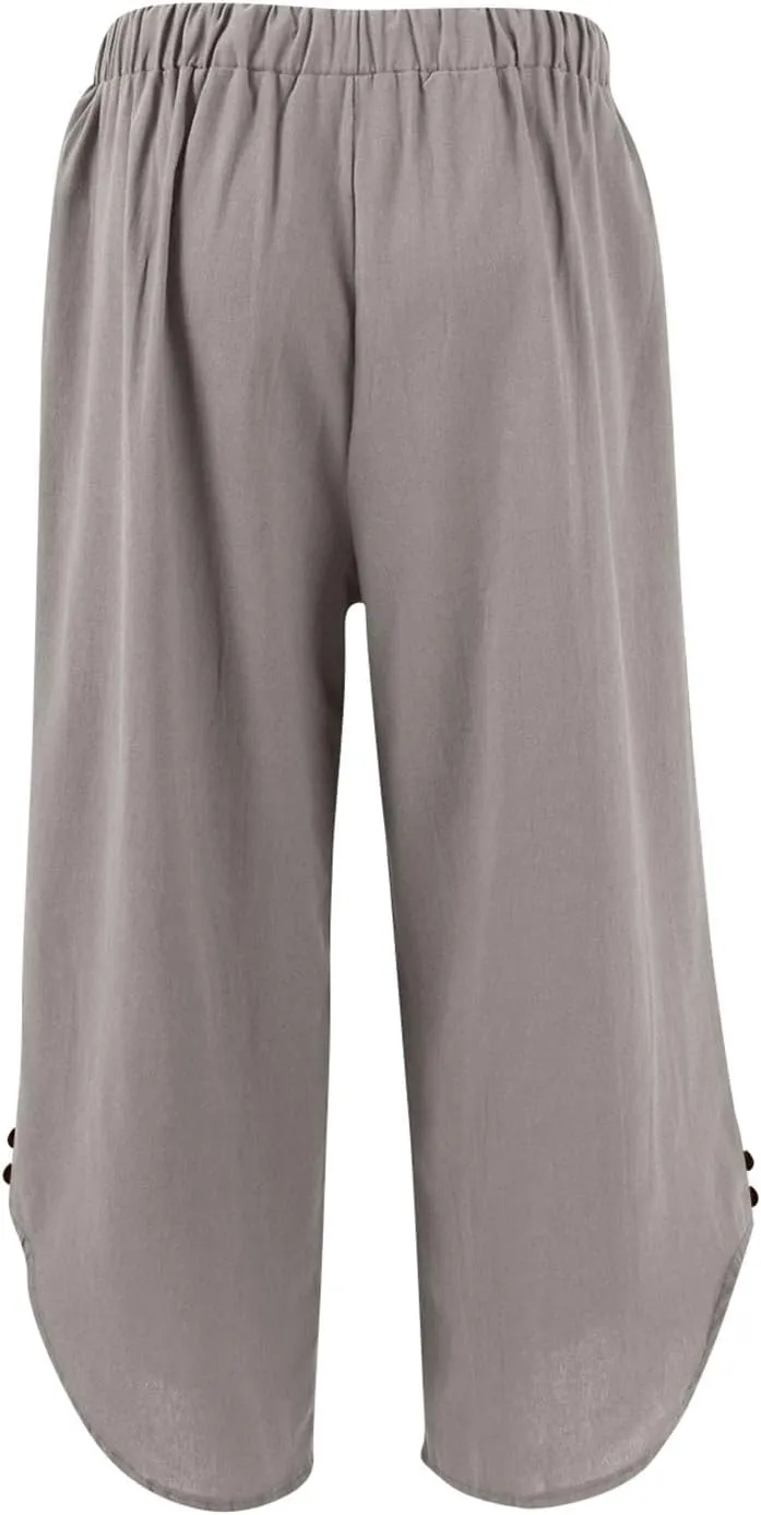 Cropped Linen Pants Women Cute Summer Comfy Loose Drawstring Elastic High Waisted Wide Leg Lounge Pants with Pockets