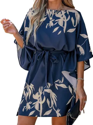 CUPSHE Women's Casual Mini Dress Navy Leaf Print 3/4 Sleeve One Shoulder A Line Short Belted Dresses