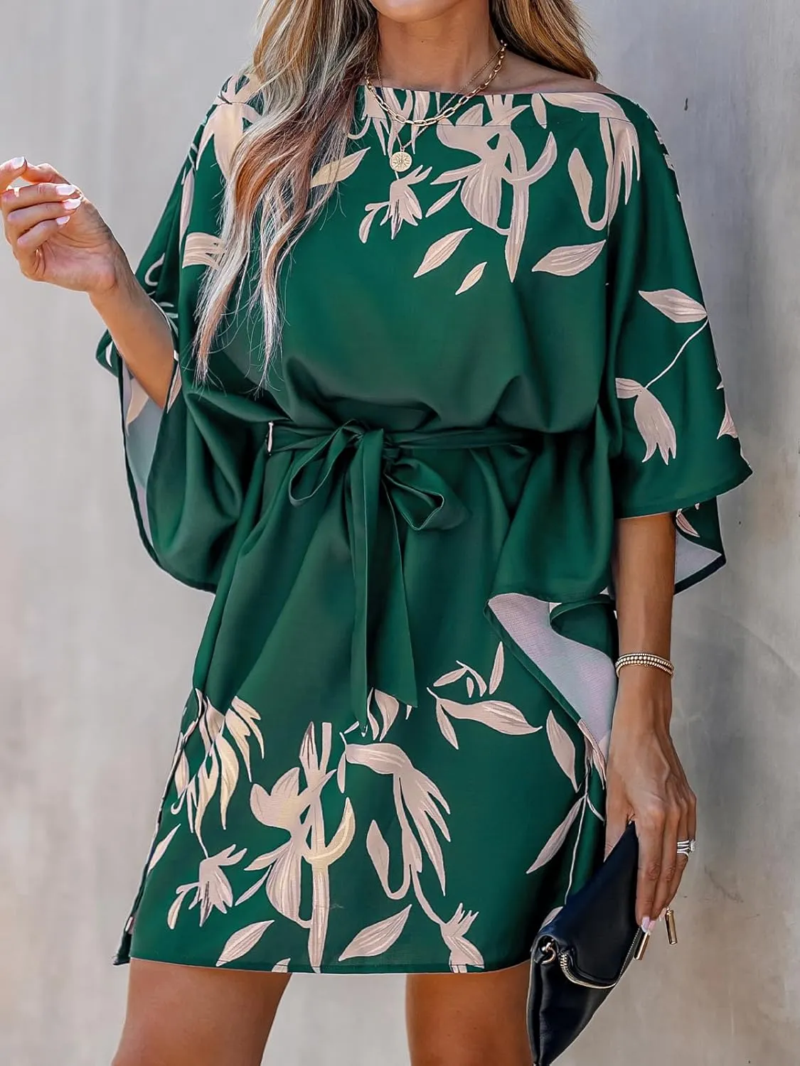 CUPSHE Women's Casual Mini Dress Navy Leaf Print 3/4 Sleeve One Shoulder A Line Short Belted Dresses