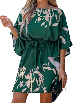 CUPSHE Women's Casual Mini Dress Navy Leaf Print 3/4 Sleeve One Shoulder A Line Short Belted Dresses