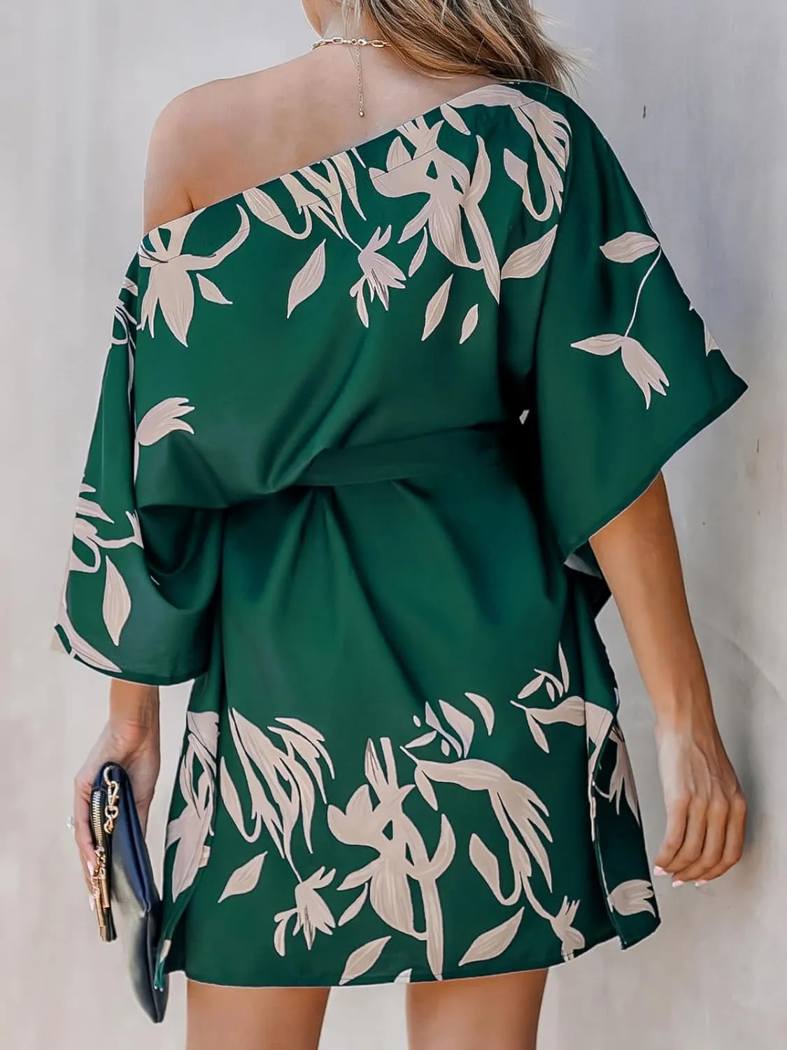 CUPSHE Women's Casual Mini Dress Navy Leaf Print 3/4 Sleeve One Shoulder A Line Short Belted Dresses