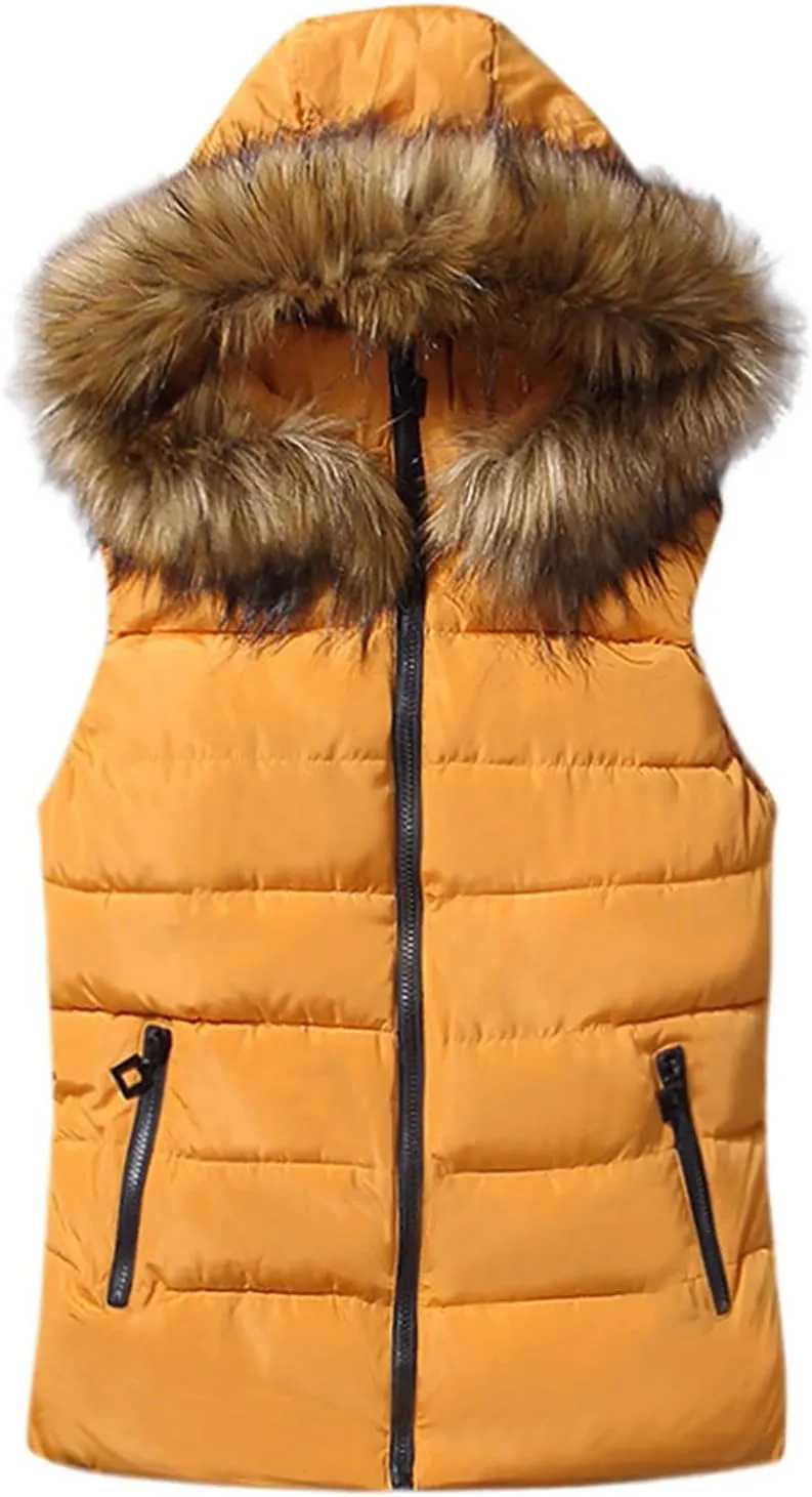 Dademeo Womens Puffer Vest with Fur Hood Winter Slim Fit Cropped Vest Coat Casual Outerwear Sleeveless Cotton-Padded Jacket