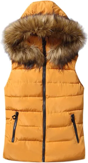 Dademeo Womens Puffer Vest with Fur Hood Winter Slim Fit Cropped Vest Coat Casual Outerwear Sleeveless Cotton-Padded Jacket