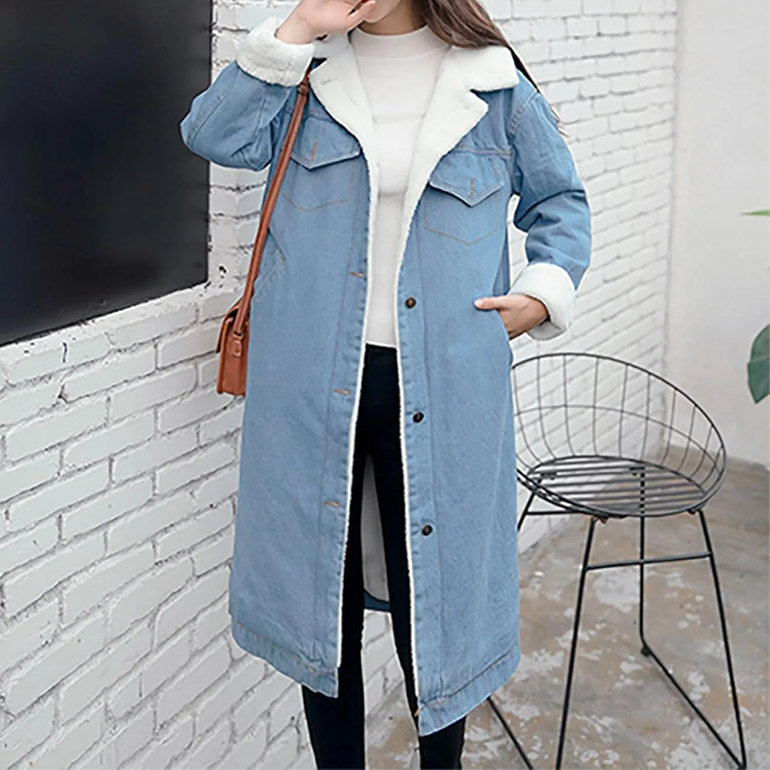 DDAPJ pyju Women's Hooded Denim Jacket Mid-Long Sherpa Fleece Lined Thicken Winter Coats Trucker Jacket Overcoat with Pockets