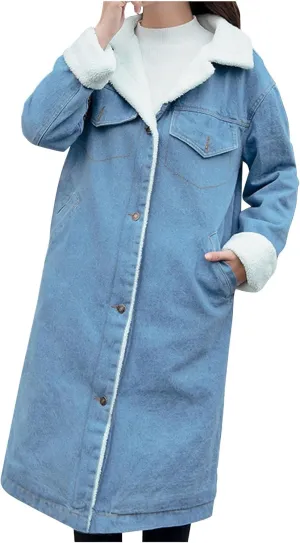DDAPJ pyju Women's Hooded Denim Jacket Mid-Long Sherpa Fleece Lined Thicken Winter Coats Trucker Jacket Overcoat with Pockets