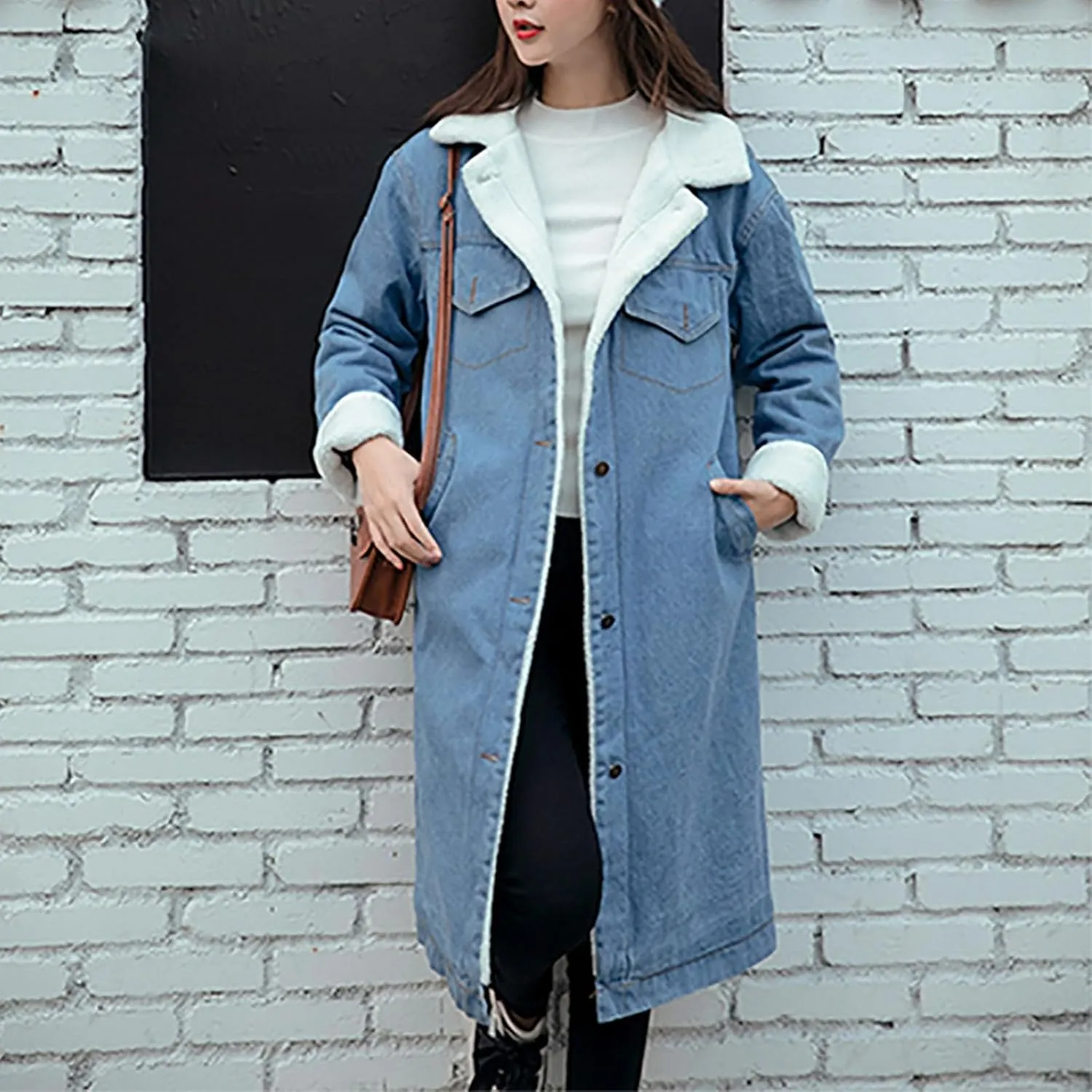 DDAPJ pyju Women's Hooded Denim Jacket Mid-Long Sherpa Fleece Lined Thicken Winter Coats Trucker Jacket Overcoat with Pockets