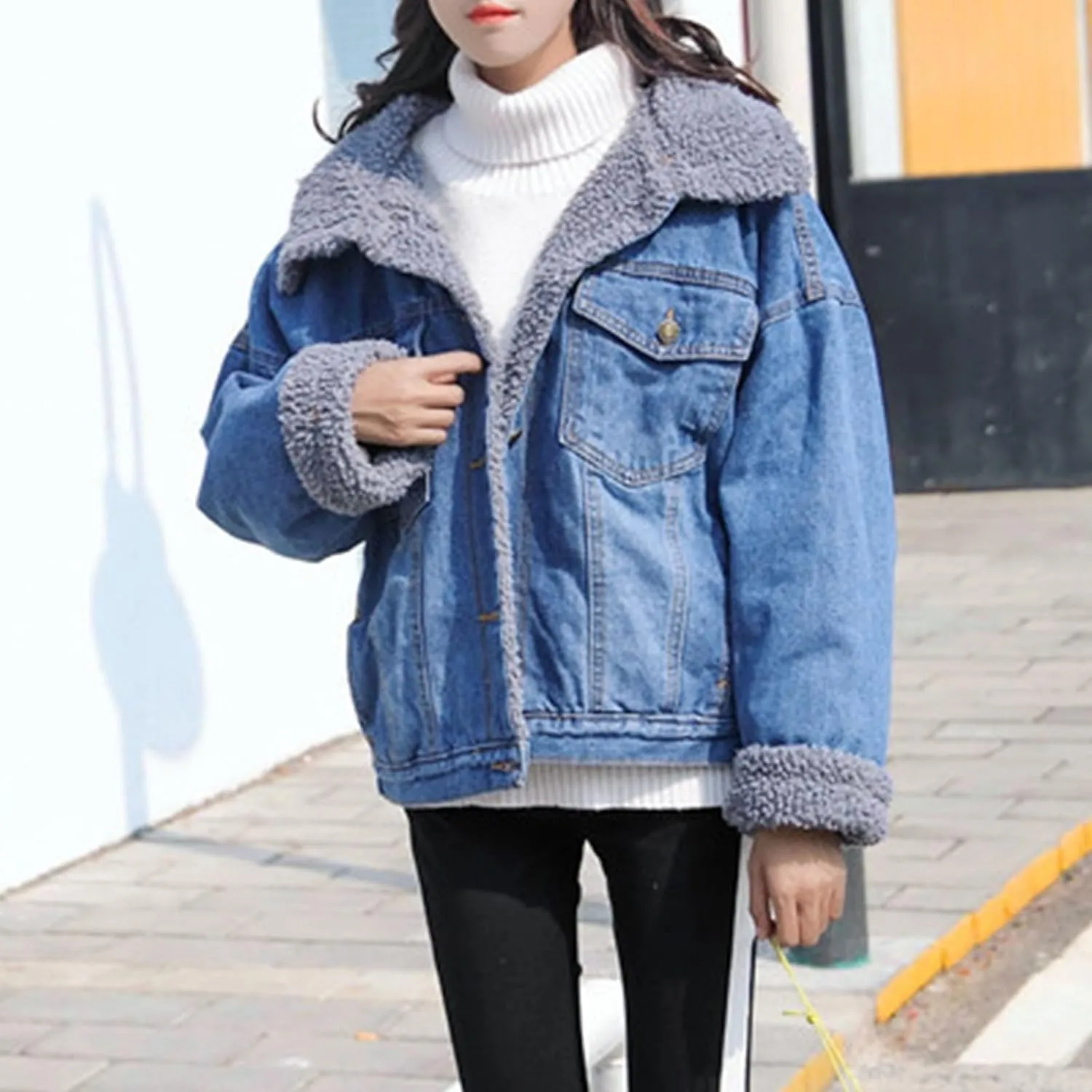 DDAPJ pyju Women's Warm Denim Jacket with Detachable Hood Fleece Lined Denim Coat Pockets Casual Winter Hoodies Jackets