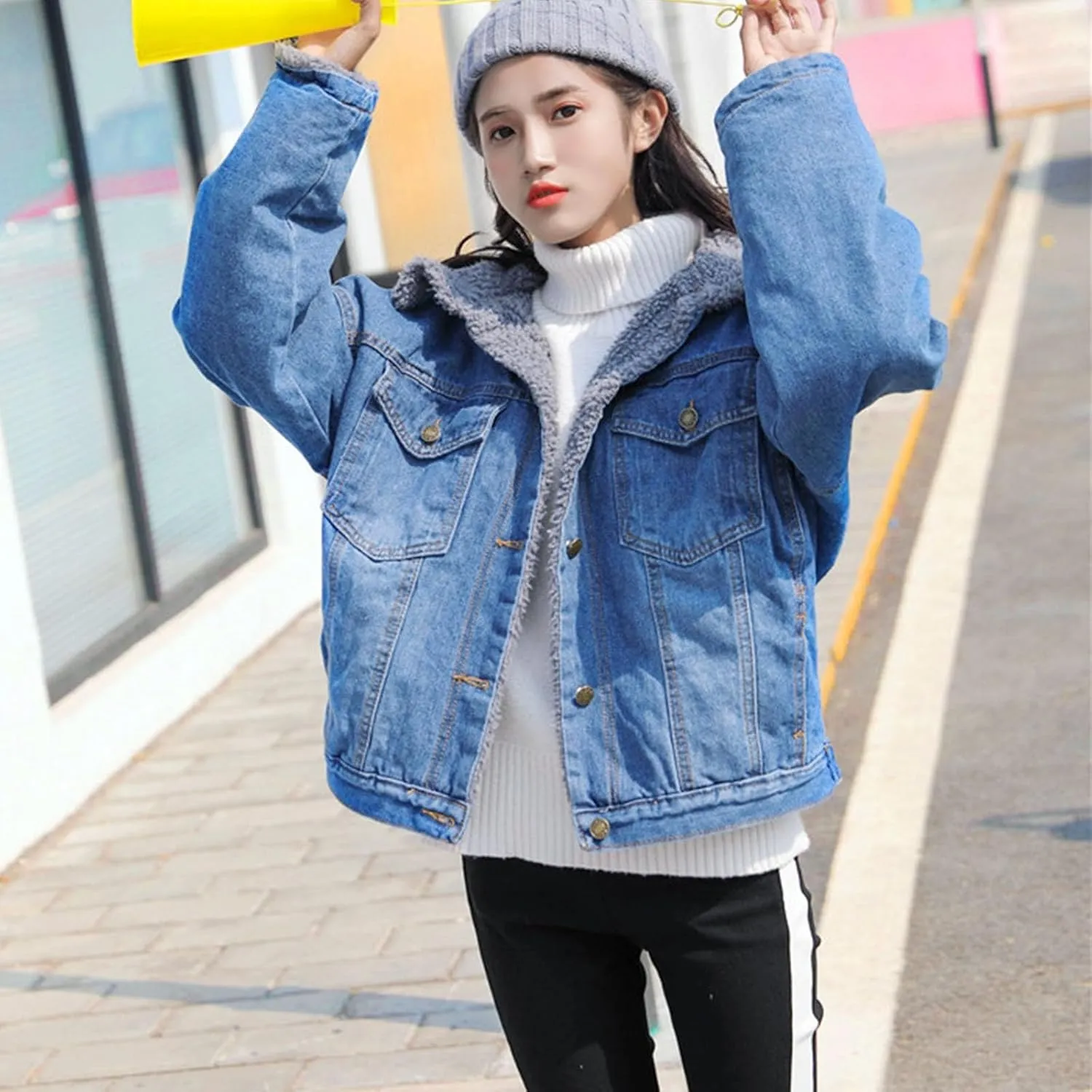 DDAPJ pyju Women's Warm Denim Jacket with Detachable Hood Fleece Lined Denim Coat Pockets Casual Winter Hoodies Jackets