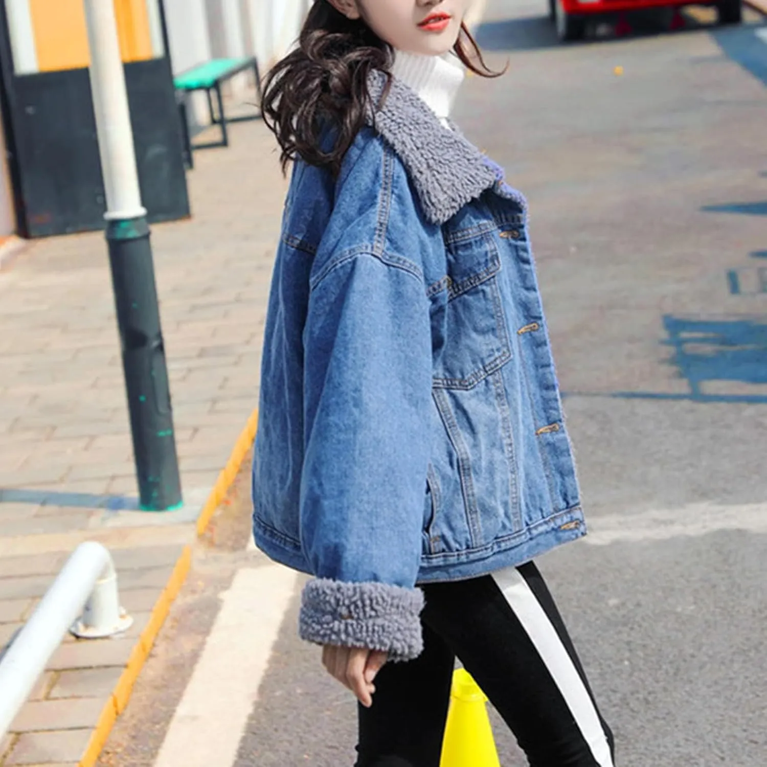 DDAPJ pyju Women's Warm Denim Jacket with Detachable Hood Fleece Lined Denim Coat Pockets Casual Winter Hoodies Jackets