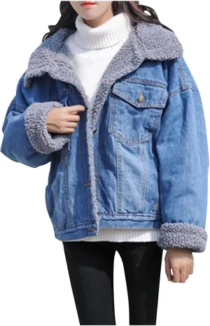 DDAPJ pyju Women's Warm Denim Jacket with Detachable Hood Fleece Lined Denim Coat Pockets Casual Winter Hoodies Jackets