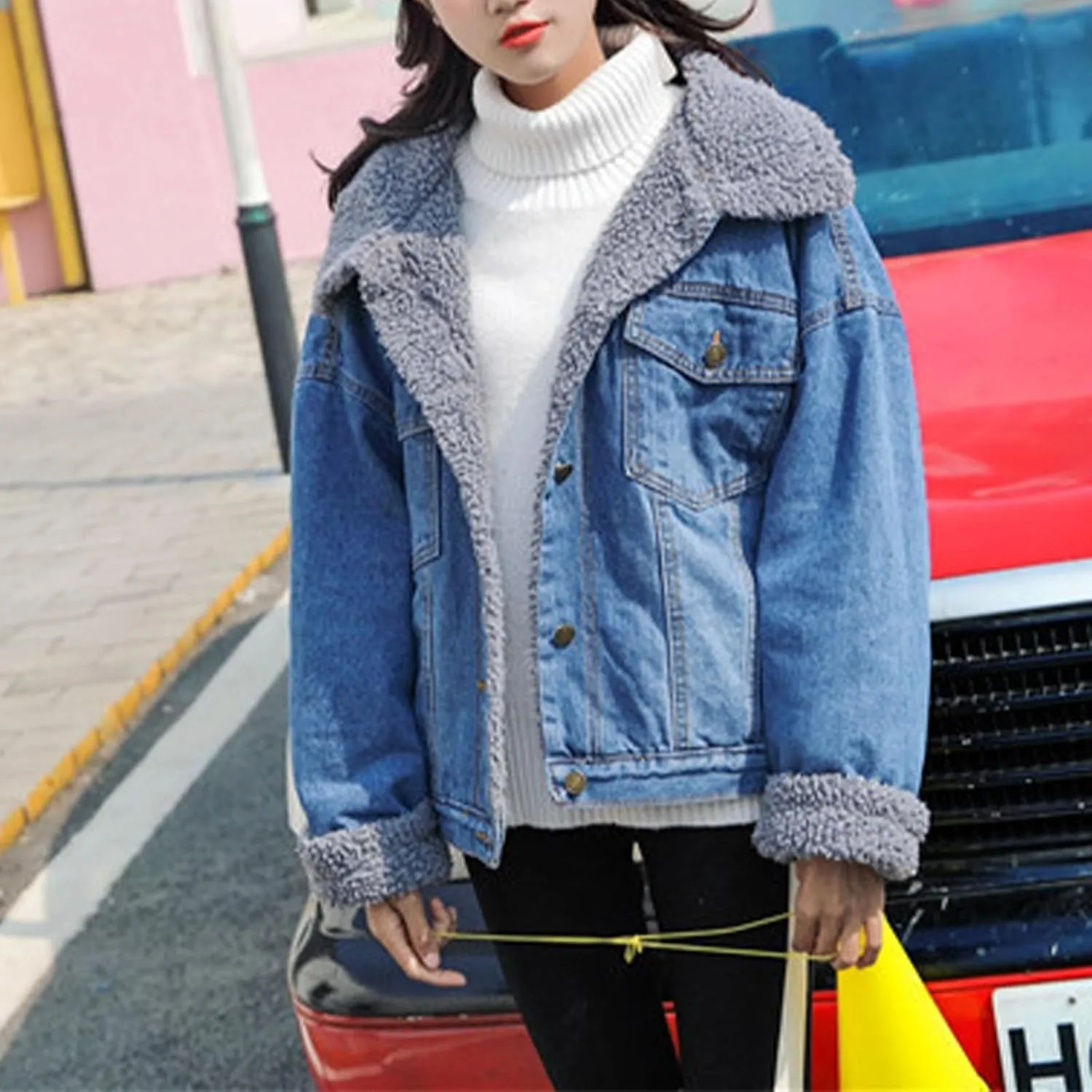 DDAPJ pyju Women's Warm Denim Jacket with Detachable Hood Fleece Lined Denim Coat Pockets Casual Winter Hoodies Jackets