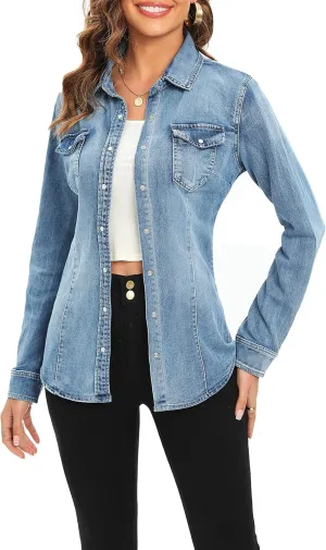 Denim Shirt for Women Long Sleeve Cotton Lightweight Fashion Denim Jacket for Women-2 Pockets