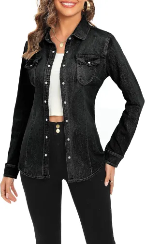 Denim Shirt for Women Long Sleeve Cotton Lightweight Fashion Denim Jacket for Women-2 Pockets