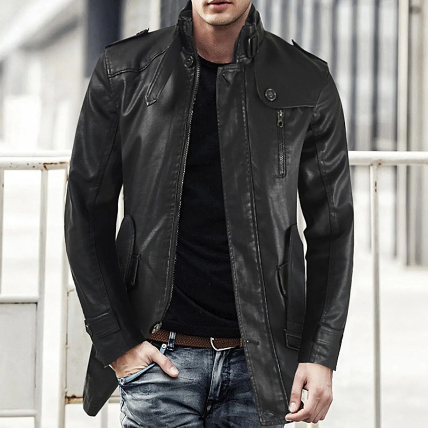 DGHM-JLMY Leather Coats For Men Fall Winter Style Long Leather Jacket Vintage Leisure Stand Collar Windbreaker Coat