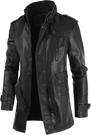 DGHM-JLMY Leather Coats For Men Fall Winter Style Long Leather Jacket Vintage Leisure Stand Collar Windbreaker Coat