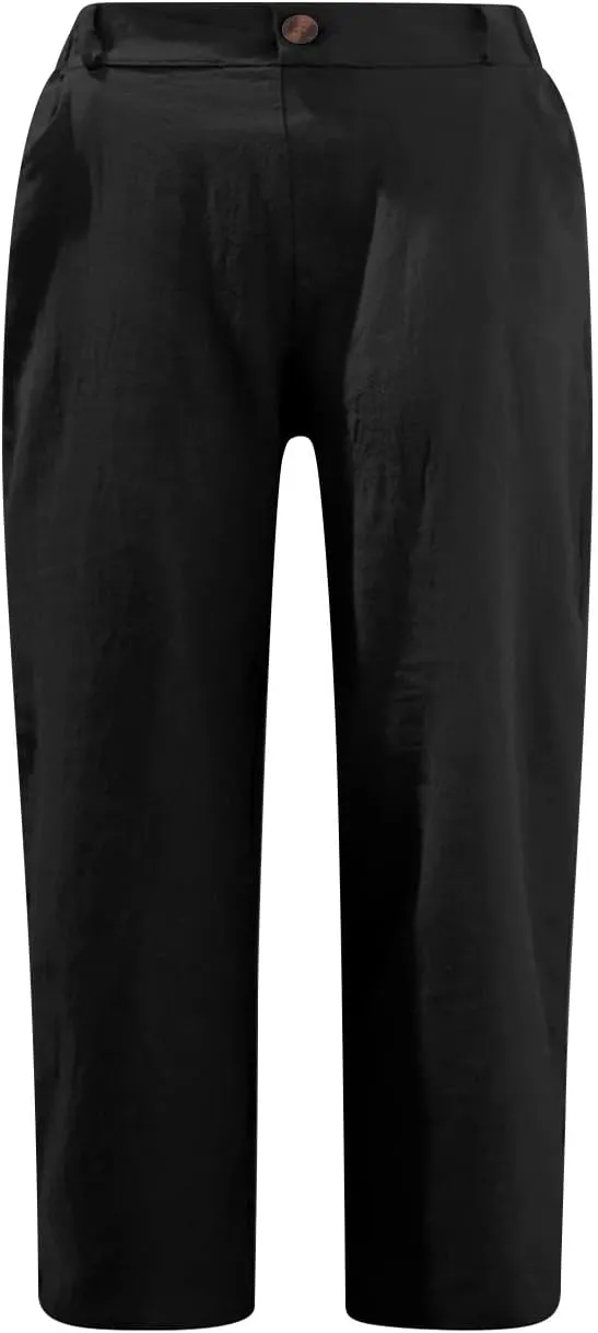 DGZTWLL Linen Capri Pants for Women Casual Summer Petite to Plus Size Loose Fit Elastic Wide Leg Trousers for Women