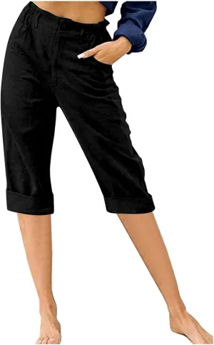 DGZTWLL Linen Capri Pants for Women Casual Summer Petite to Plus Size Loose Fit Elastic Wide Leg Trousers for Women
