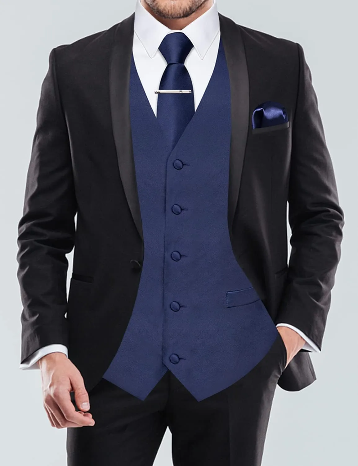 DiBanGu Men's Satin Suit Vest & Tie Set 5PCS Solid Color Dress Waistcoat for Suit or Tuxedo Wedding Party