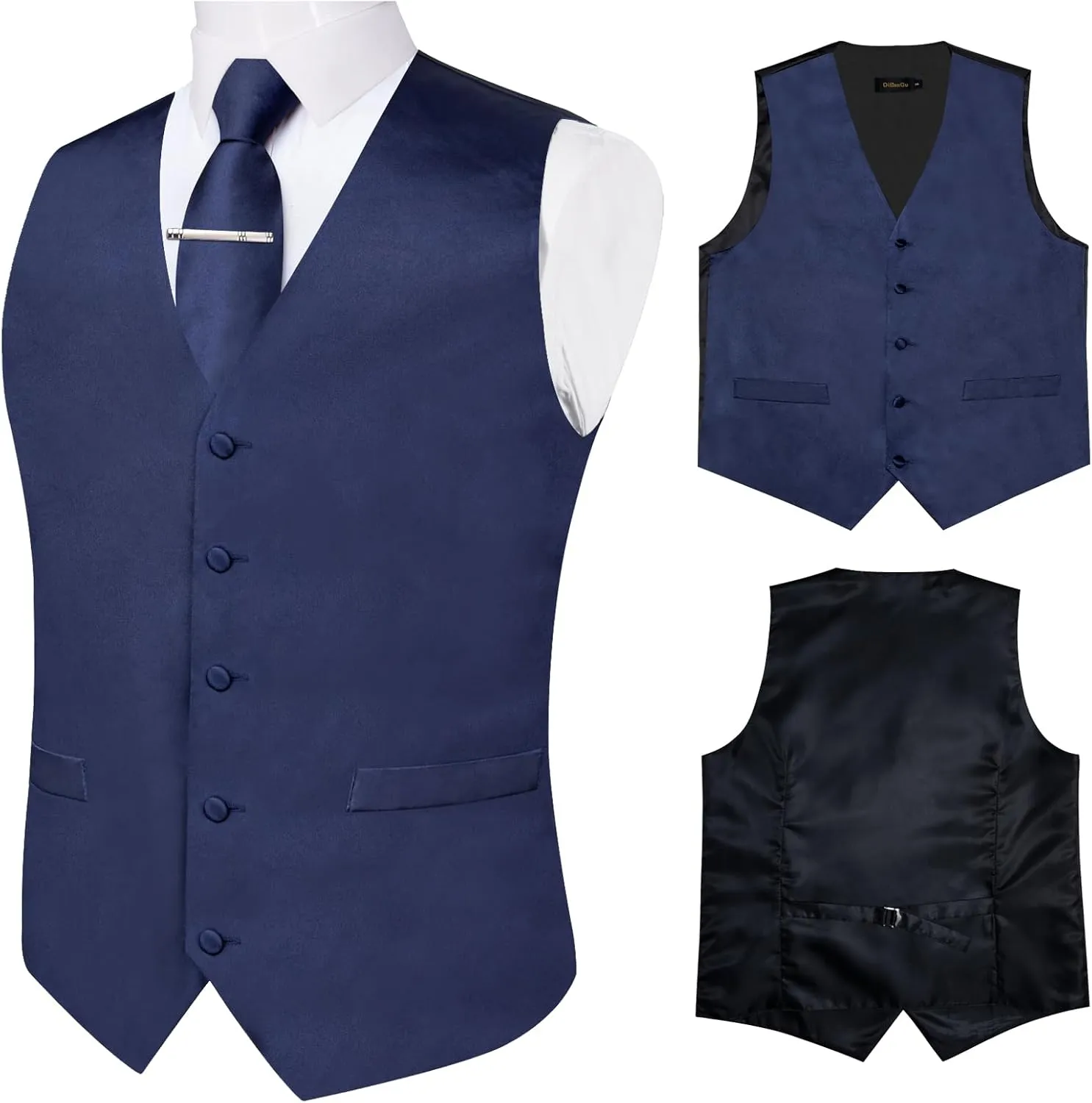 DiBanGu Men's Satin Suit Vest & Tie Set 5PCS Solid Color Dress Waistcoat for Suit or Tuxedo Wedding Party
