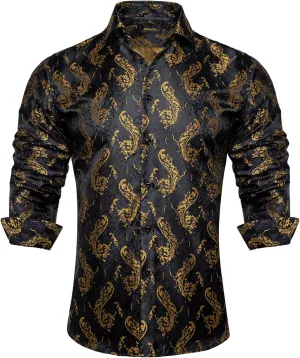 DiBanGu Mens Silk Paisley Dress Shirts,Long Sleeve Button Down Shirt Casual Regular Fit Shirt for Men Wedding Party