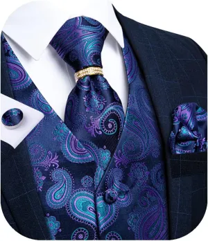 DiBanGu Men's Suit Vest Formal Men Paisley Vest Jacquard Tie Waistcoat Hanky Set With Tie Ring Wedding Party 5PCS