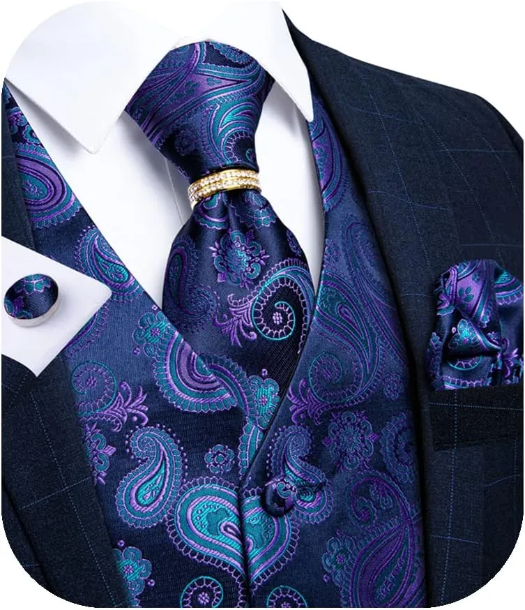 DiBanGu Men's Suit Vest Formal Men Paisley Vest Jacquard Tie Waistcoat Hanky Set With Tie Ring Wedding Party 5PCS