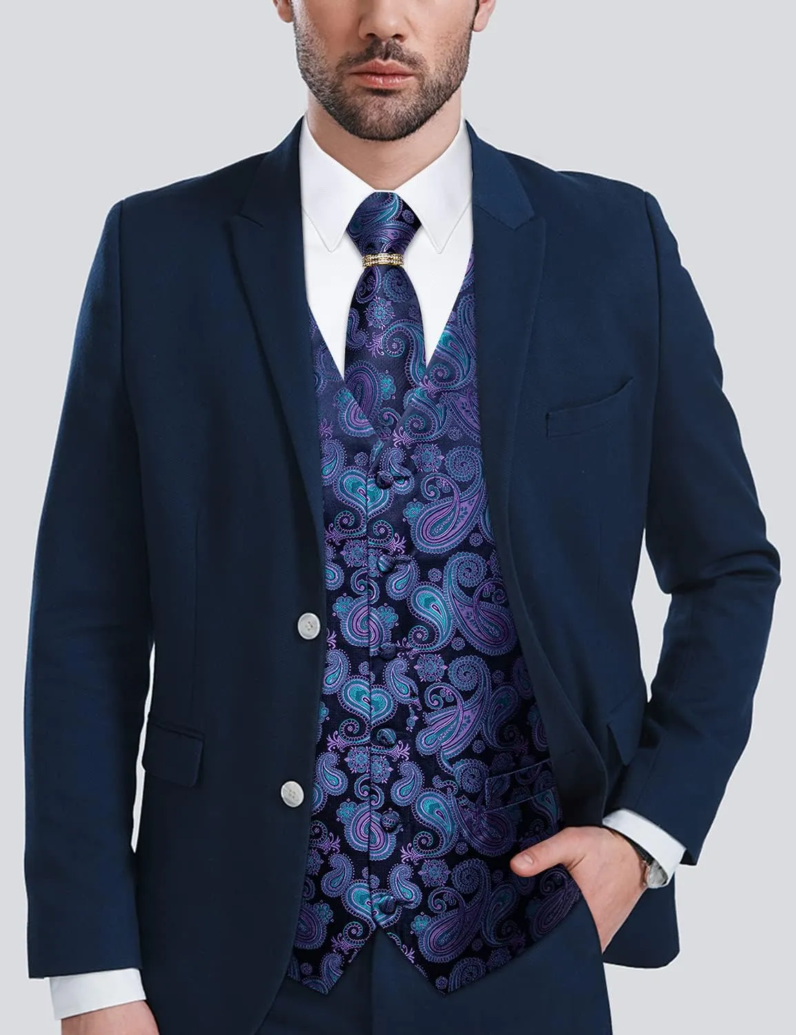 DiBanGu Men's Suit Vest Formal Men Paisley Vest Jacquard Tie Waistcoat Hanky Set With Tie Ring Wedding Party 5PCS