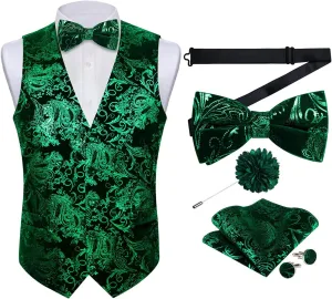 DiBanGu Mens Velvet Dress Waistcoat 6PCS Metallic Paisley Printed Suit Vest and Bowtie Set with Lapel Pin for Suit or Tuxedo