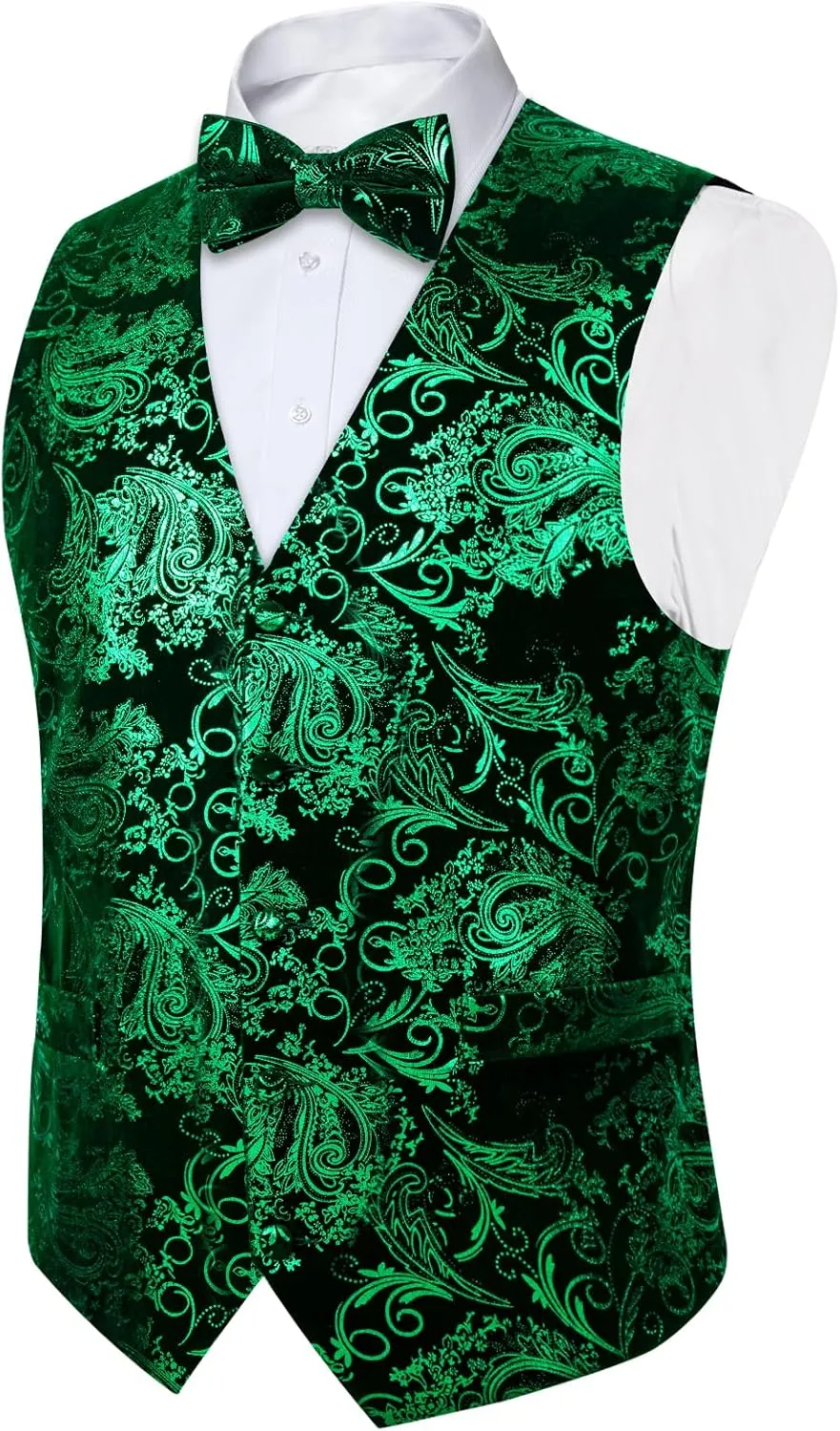 DiBanGu Mens Velvet Dress Waistcoat 6PCS Metallic Paisley Printed Suit Vest and Bowtie Set with Lapel Pin for Suit or Tuxedo