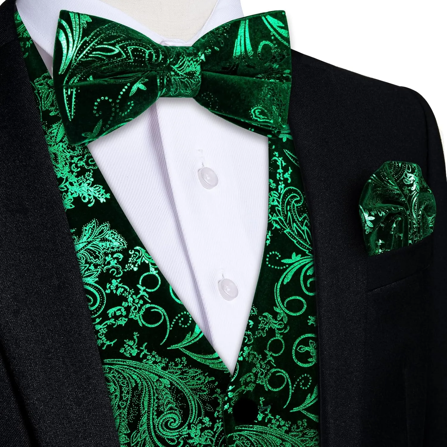 DiBanGu Mens Velvet Dress Waistcoat 6PCS Metallic Paisley Printed Suit Vest and Bowtie Set with Lapel Pin for Suit or Tuxedo