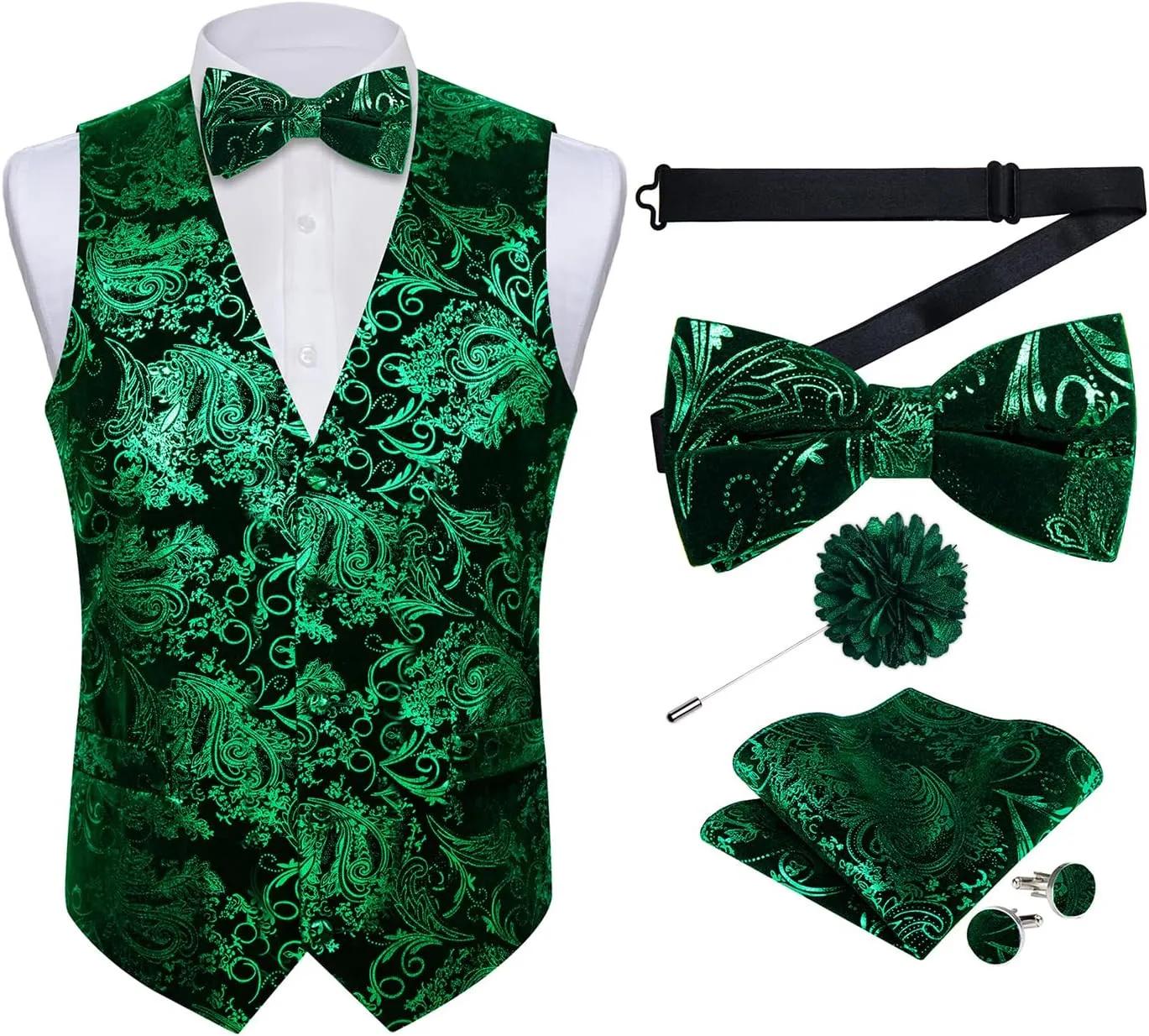 DiBanGu Mens Velvet Dress Waistcoat 6PCS Metallic Paisley Printed Suit Vest and Bowtie Set with Lapel Pin for Suit or Tuxedo