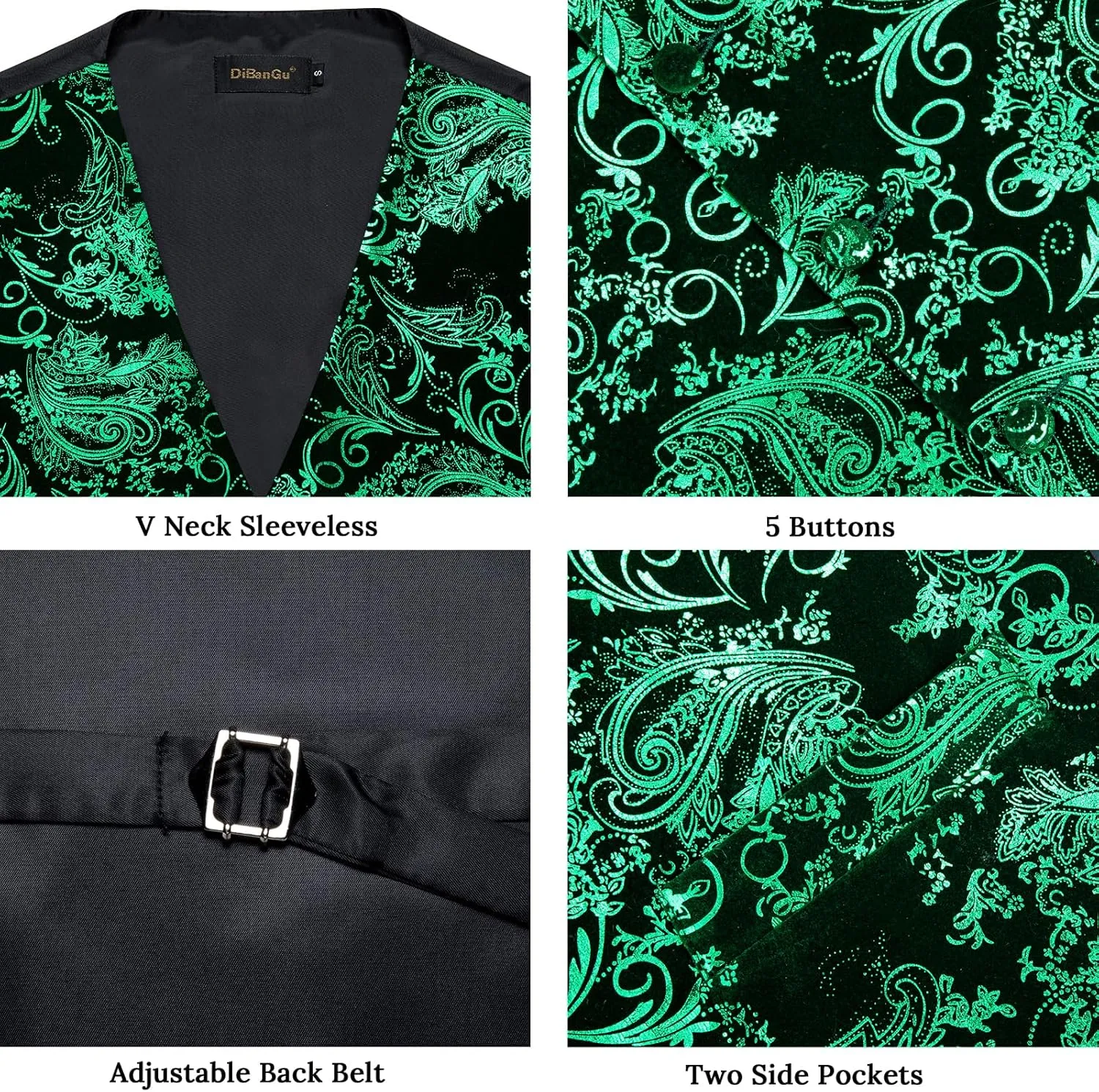 DiBanGu Mens Velvet Dress Waistcoat 6PCS Metallic Paisley Printed Suit Vest and Bowtie Set with Lapel Pin for Suit or Tuxedo