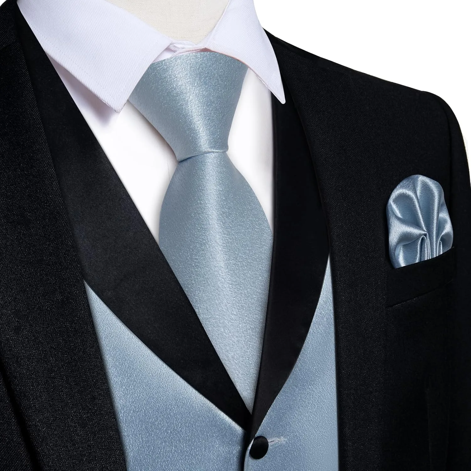 DiBanGu Mens Vest Formal Solid Color Waistcoat and Tie Pocket Square Set Satin Shawl Lapel Dress Vest Wedding Business