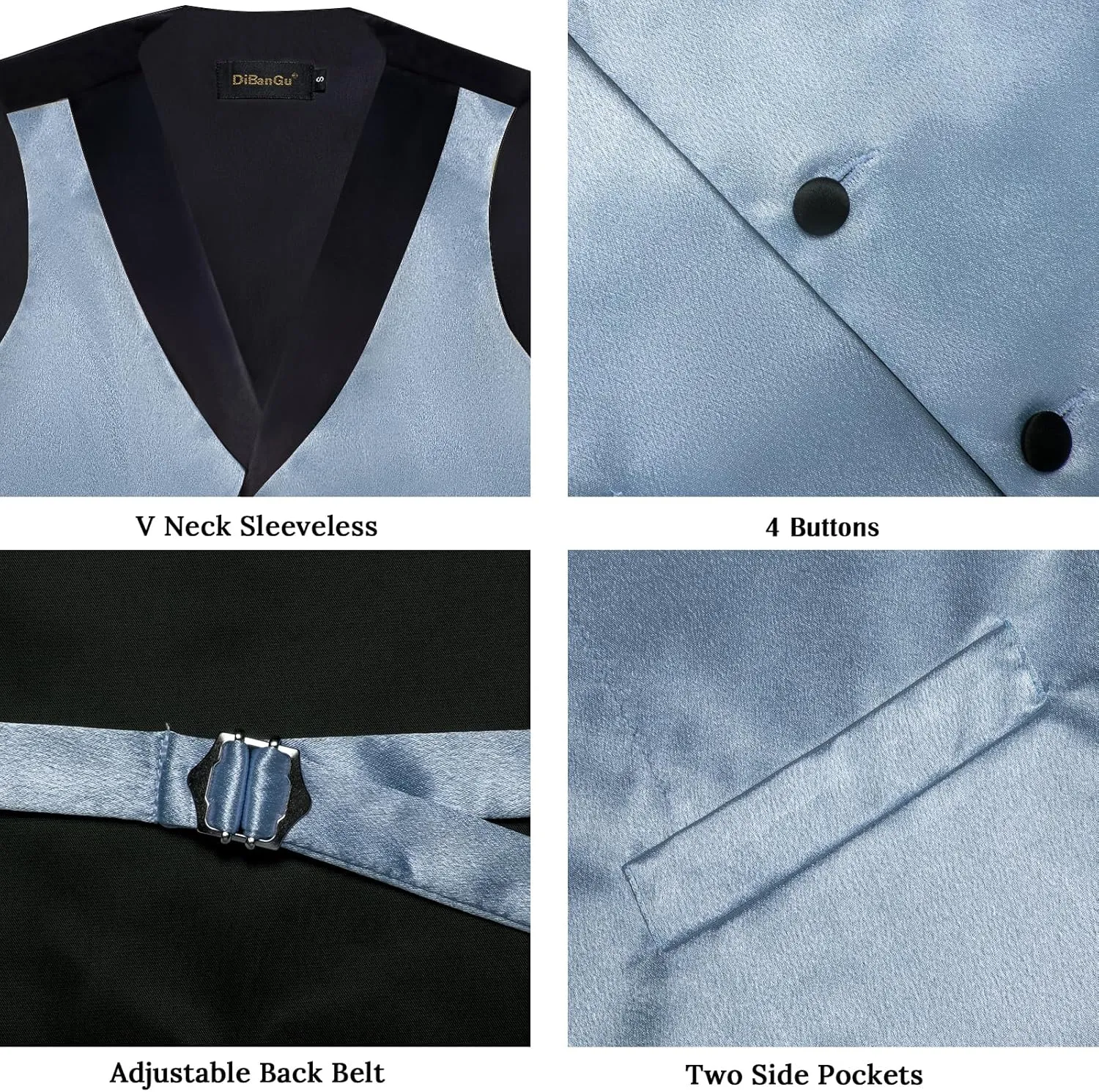 DiBanGu Mens Vest Formal Solid Color Waistcoat and Tie Pocket Square Set Satin Shawl Lapel Dress Vest Wedding Business