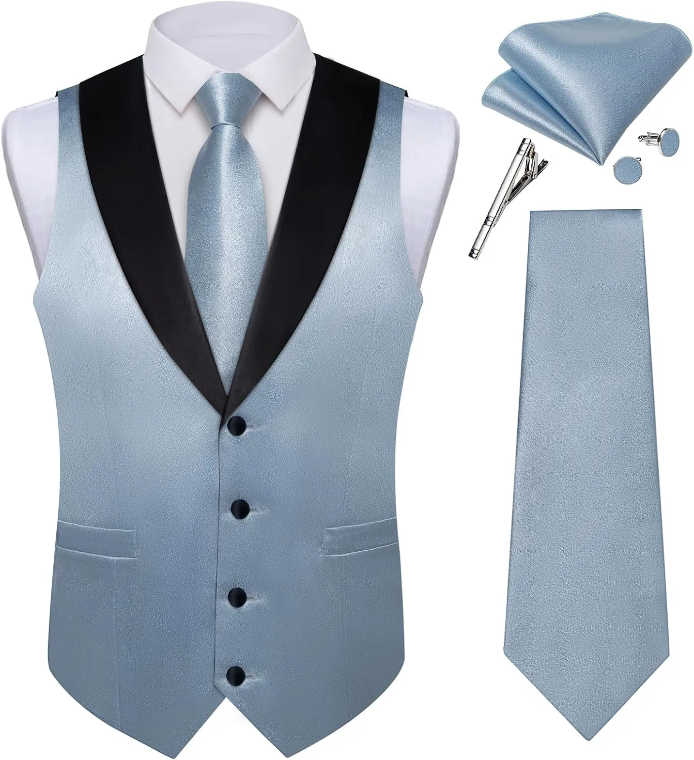 DiBanGu Mens Vest Formal Solid Color Waistcoat and Tie Pocket Square Set Satin Shawl Lapel Dress Vest Wedding Business