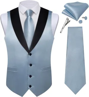 DiBanGu Mens Vest Formal Solid Color Waistcoat and Tie Pocket Square Set Satin Shawl Lapel Dress Vest Wedding Business